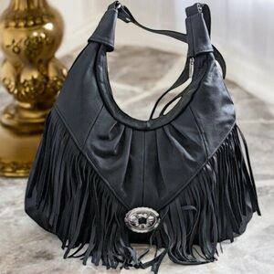Leather Western Fringe Crossbody Bag Black Hobo Concho Bag 15 x 14 NWOT